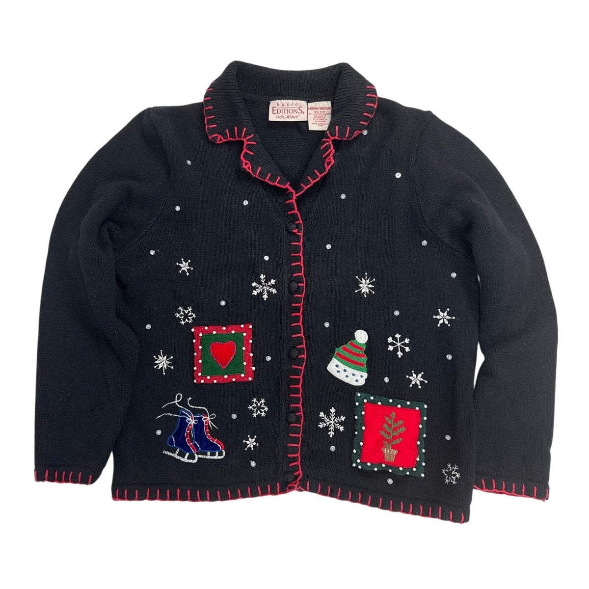 Vintage 80s Basic Editions Black Snowman Christmas Cardigan Sweater Medium