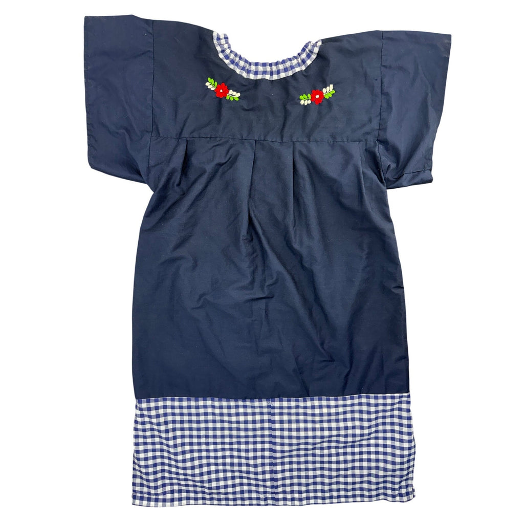 Vintage 70s Huipil Embroidered Floral Navy Cotton Lounge Dress Women's M/L