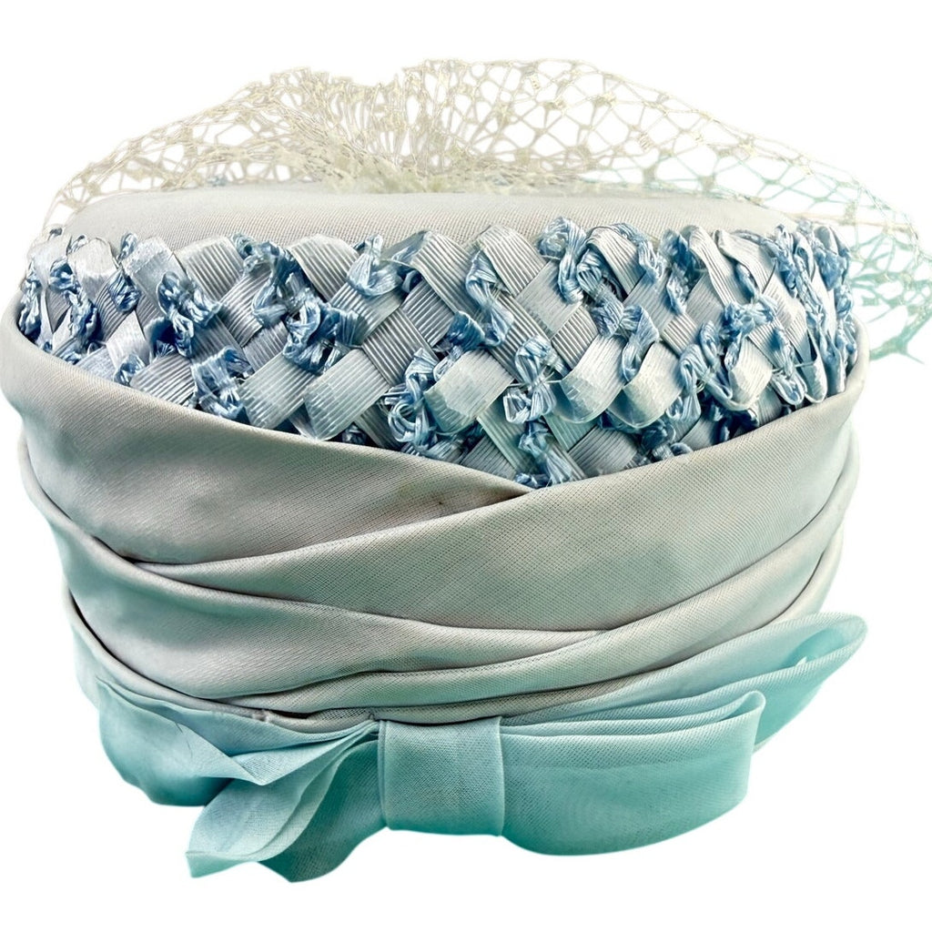 Vintage 1960s Ice Blue Pillbox Hat Veil Chiffon Bow Union Made Fascinator