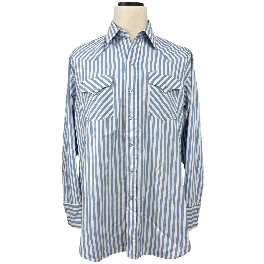 Vintage 80s Panhandle Slim Blue Stripe Pearl Snap Western Shirt USA XL