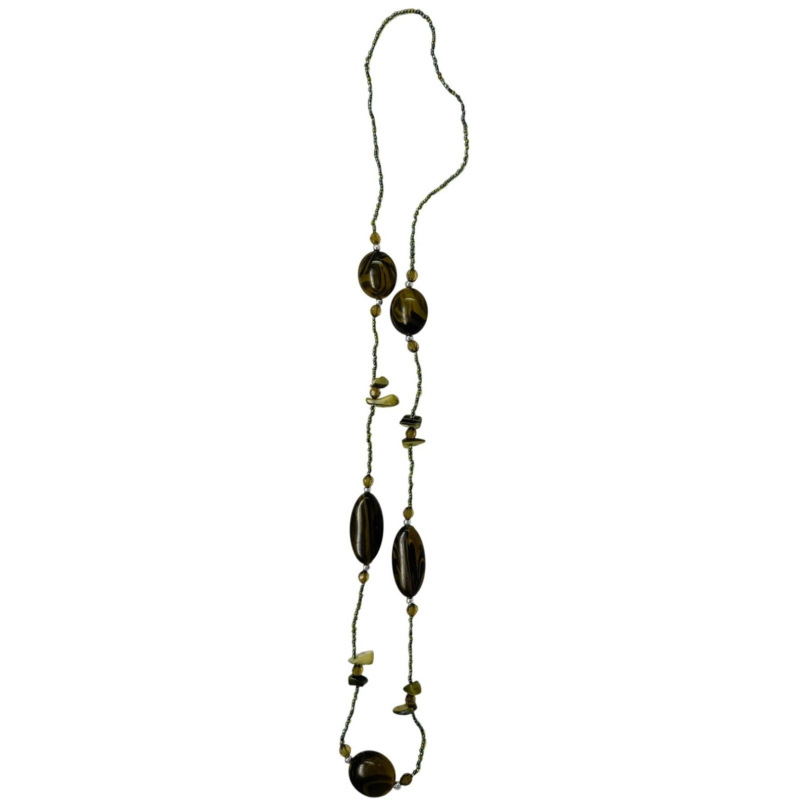 Vintage 70s Avocado Bead Necklace Oval Resin Statement Long Strand