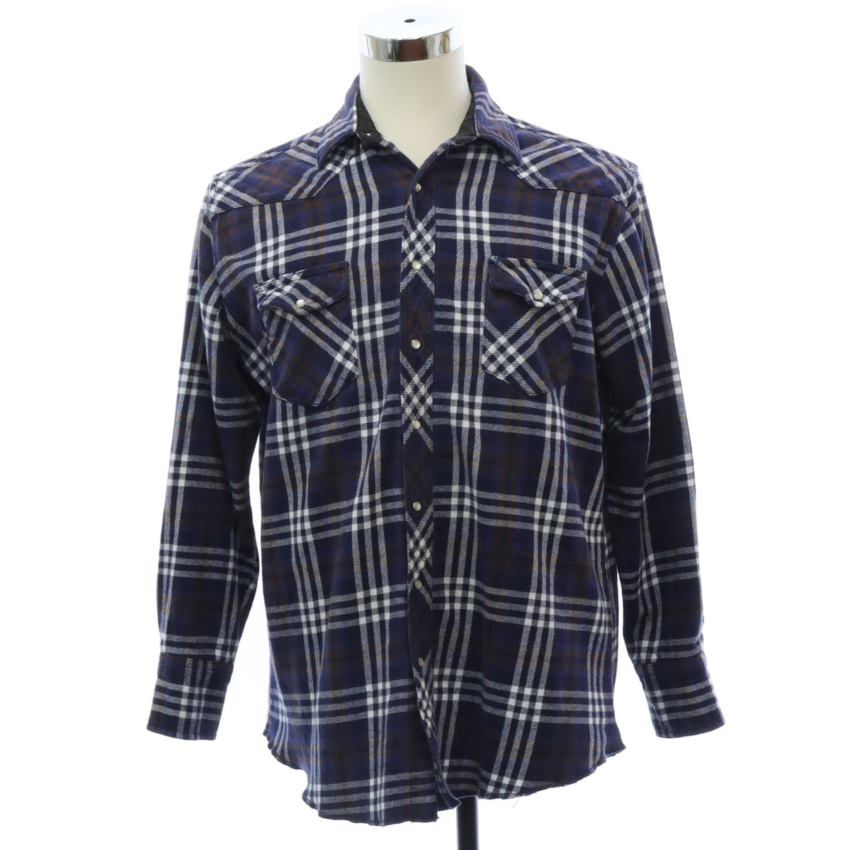 Vintage 90s Wrangler Men’s Navy Plaid Cotton Flannel Pearl Snap Western Shirt L