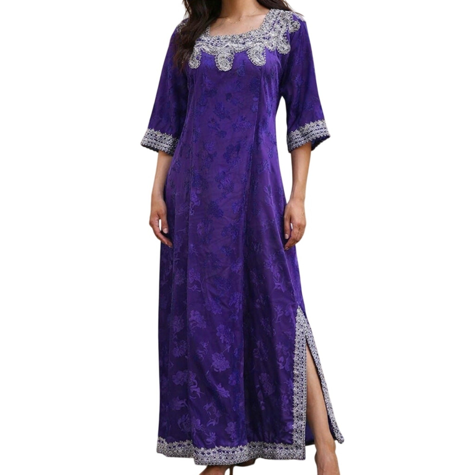 Vintage 90s Women's Medium Royal Purple Embossed Maxi Dress Silver Trim
