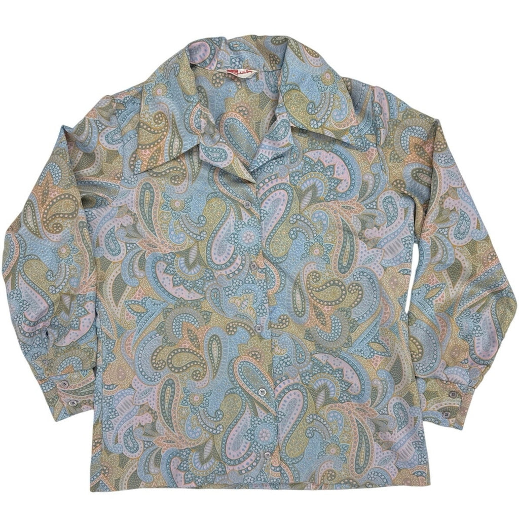 Vintage 70s Laura Mae Paisley Floral Blouse Blue Silky Polyester Women's Medium