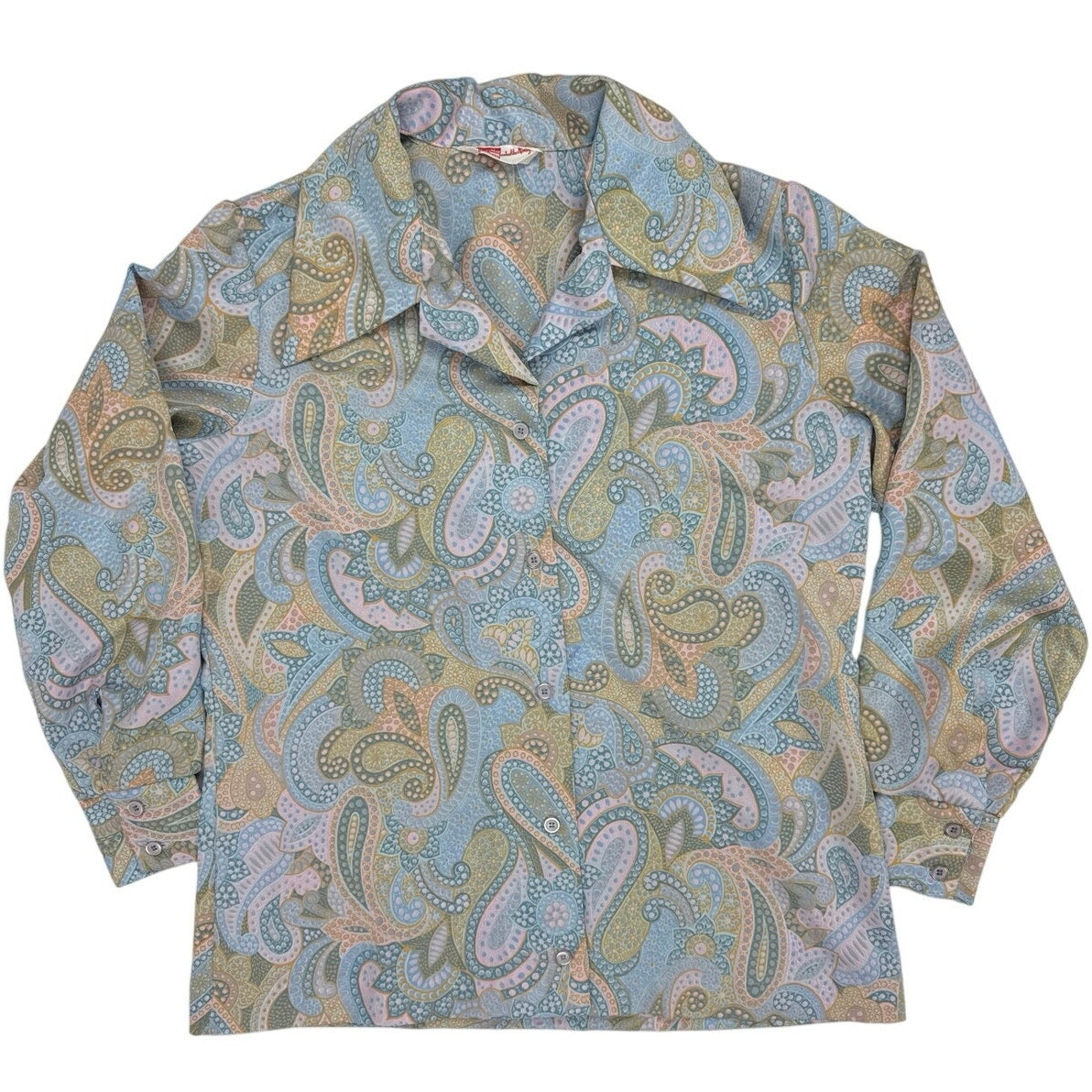Vintage 70s Laura Mae Paisley Floral Blouse Blue Silky Polyester Women's Medium
