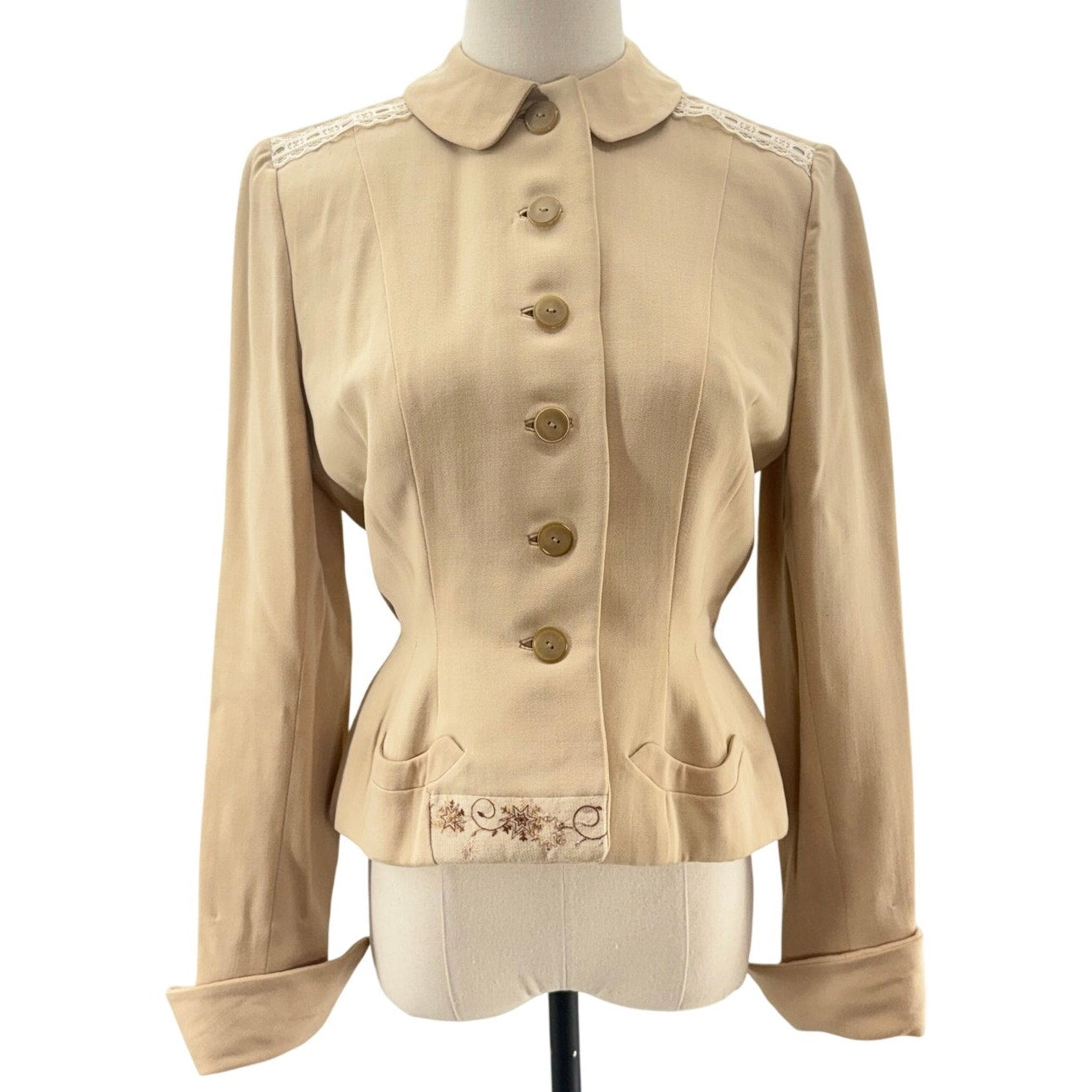 Vintage 40s Beige Wool Blazer Jacket Embroidered Detail Women's XS