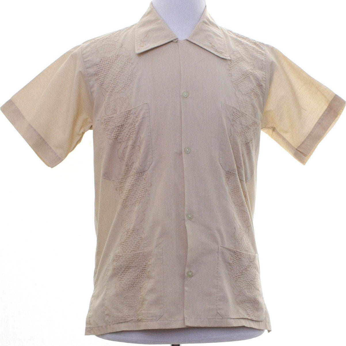 Vintage 70s Men's Small Calez Taupe Guayabera Shirt Embroidered 4 Pocket