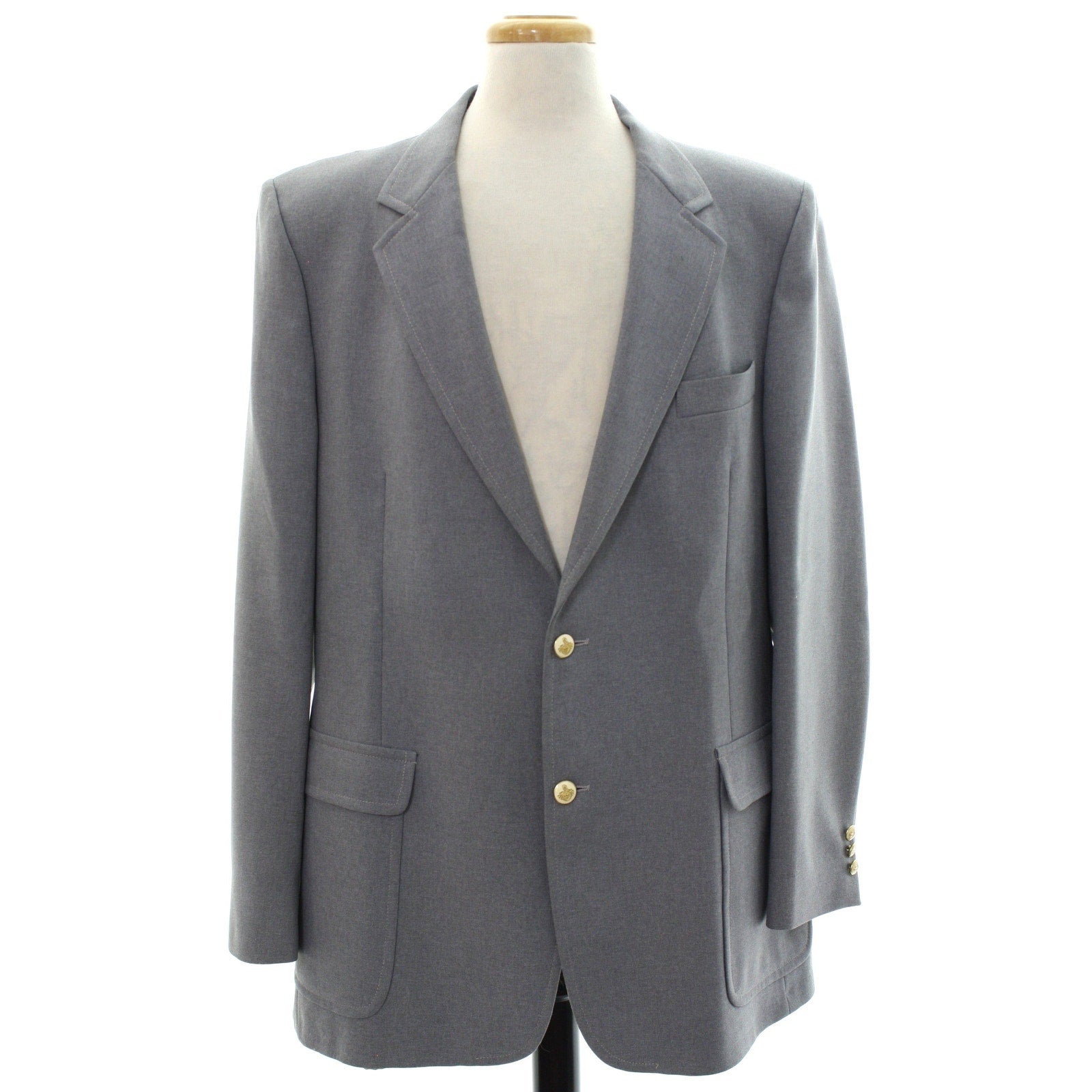 Vintage 1970s Knack Men's Gray Polyester Blazer Gold Crest Buttons 46L