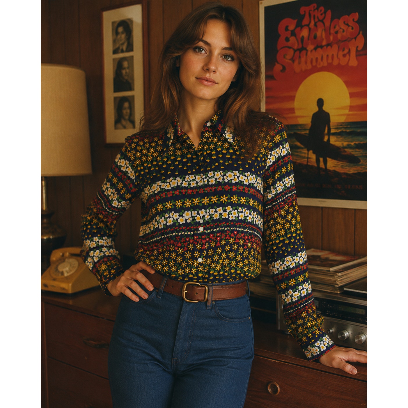 Vintage 70s Floral Stripe Blouse Navy Crepe Shirt Long Sleeve Womens Medium