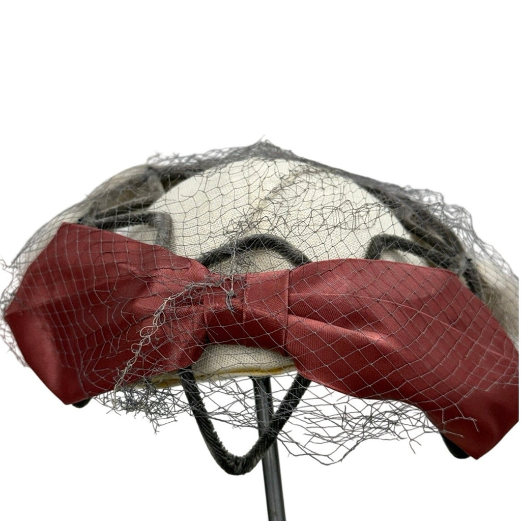 Vintage 50s Women's Grey Fur Ring Hat Netting Satin Bow Union Label