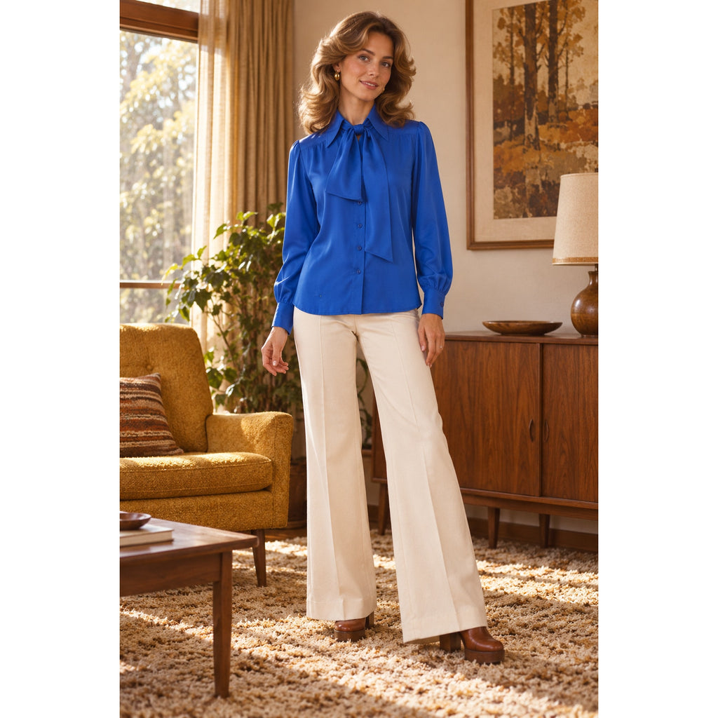 Vintage 70s Koret Career Cobalt Blue Tie Neck Blouse Womens Medium