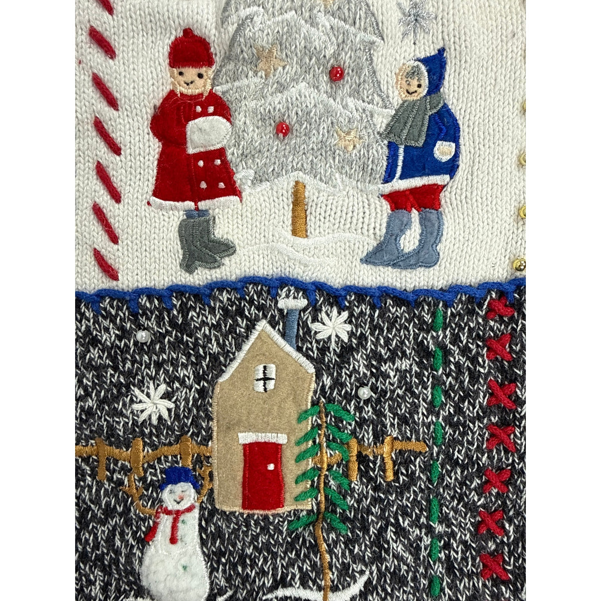 80s Style Erika Black White Beaded Christmas Patchwork Sweater Women's Large