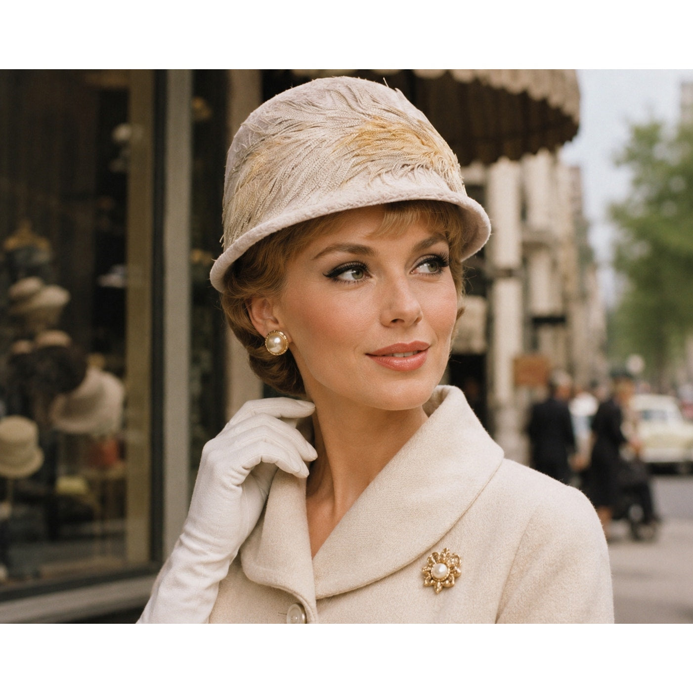 Vintage 1960s Beige Feather Cloche Bucket Hat Women’s Size 7.5