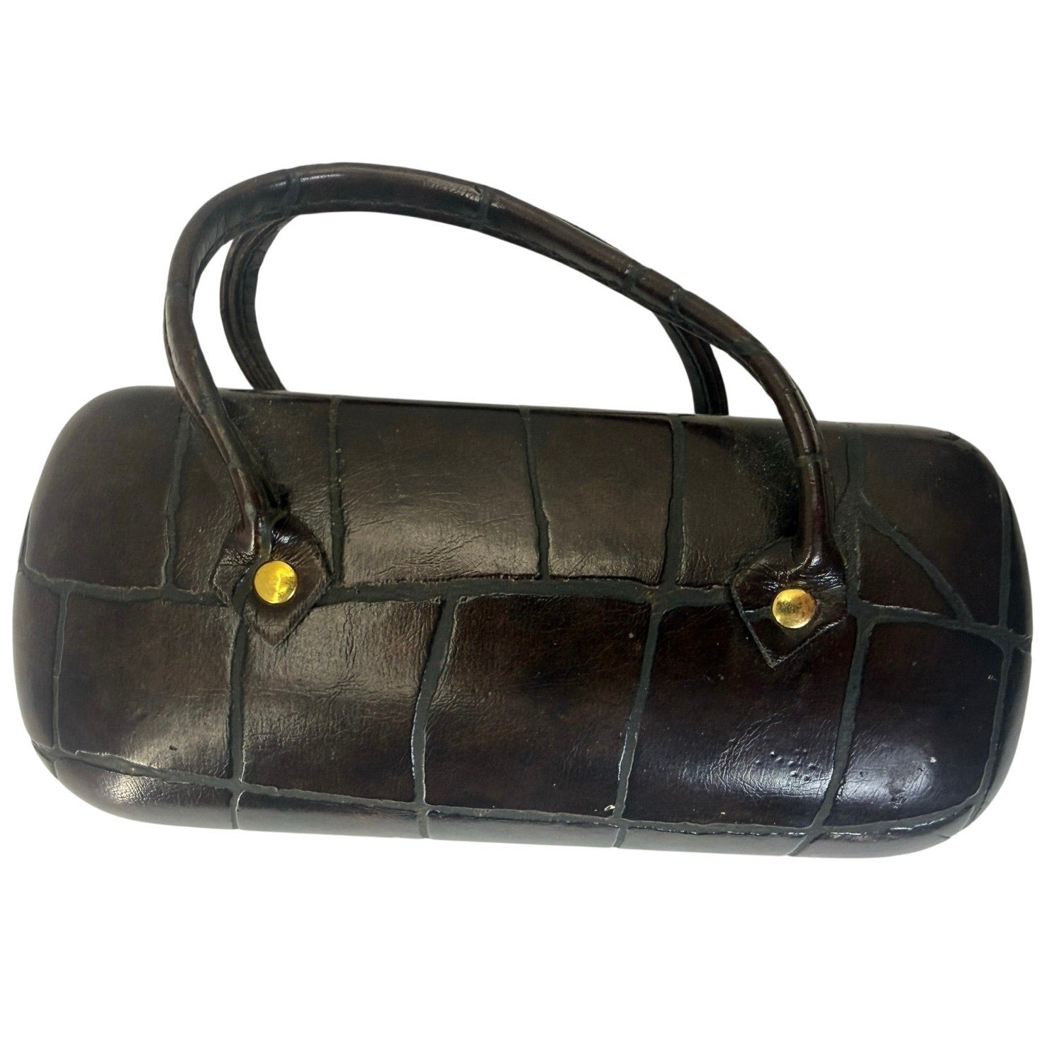 Vintage 70s Purse Style Eyeglasses Case Black Faux Croc Hard Shell w Handles