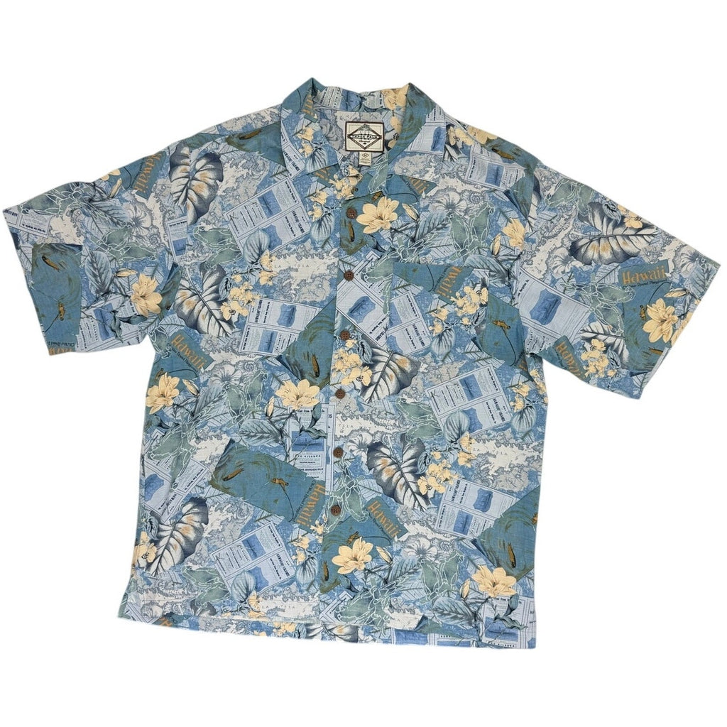 Vintage 90s Three Palms Silk Hawaiian Shirt Mens M Blue Tropical Aloha