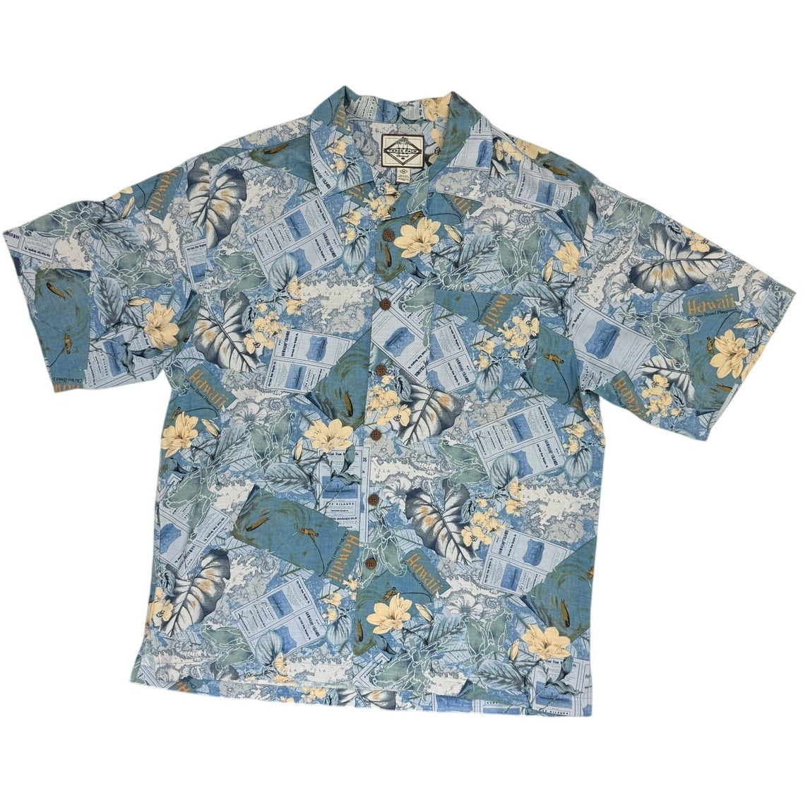 Vintage 90s Three Palms Silk Hawaiian Shirt Mens M Blue Tropical Aloha