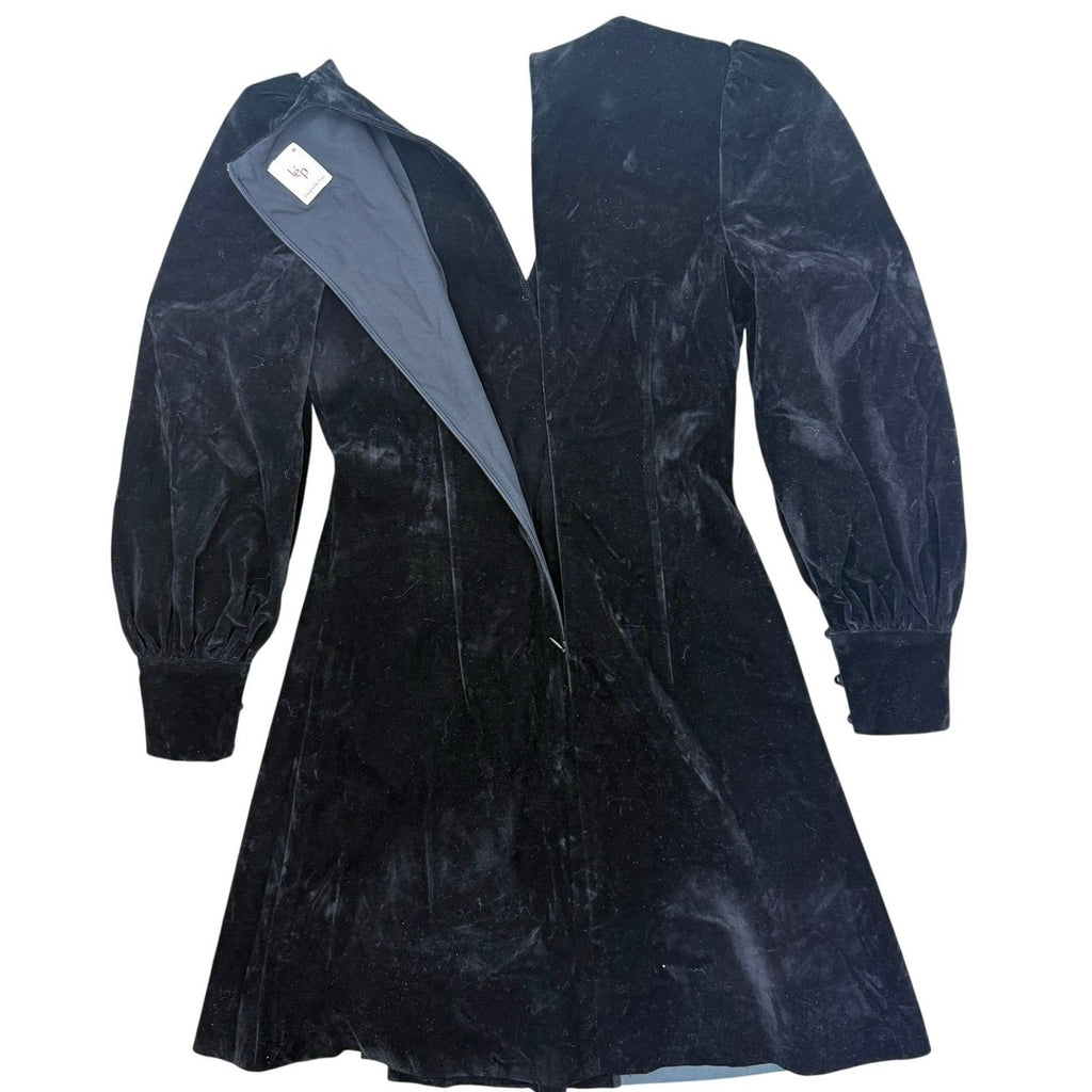 LEP Black Velvet Mini Dress Women's Medium Puff Sleeve Gold Button Back Zip Y2K