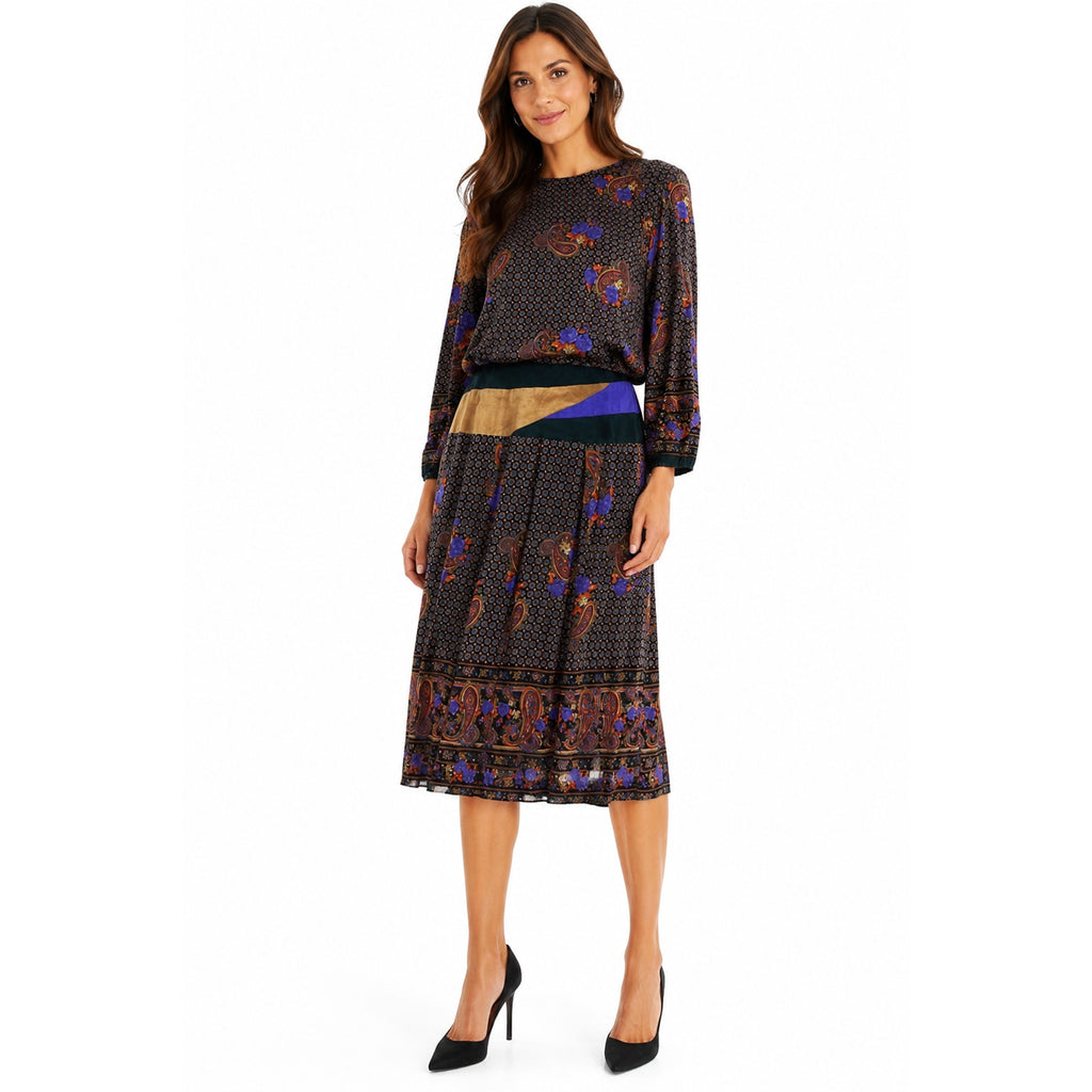 Vintage 80s Rayon Midi Dress Suede Trim Paisley Floral Boho Women's Small