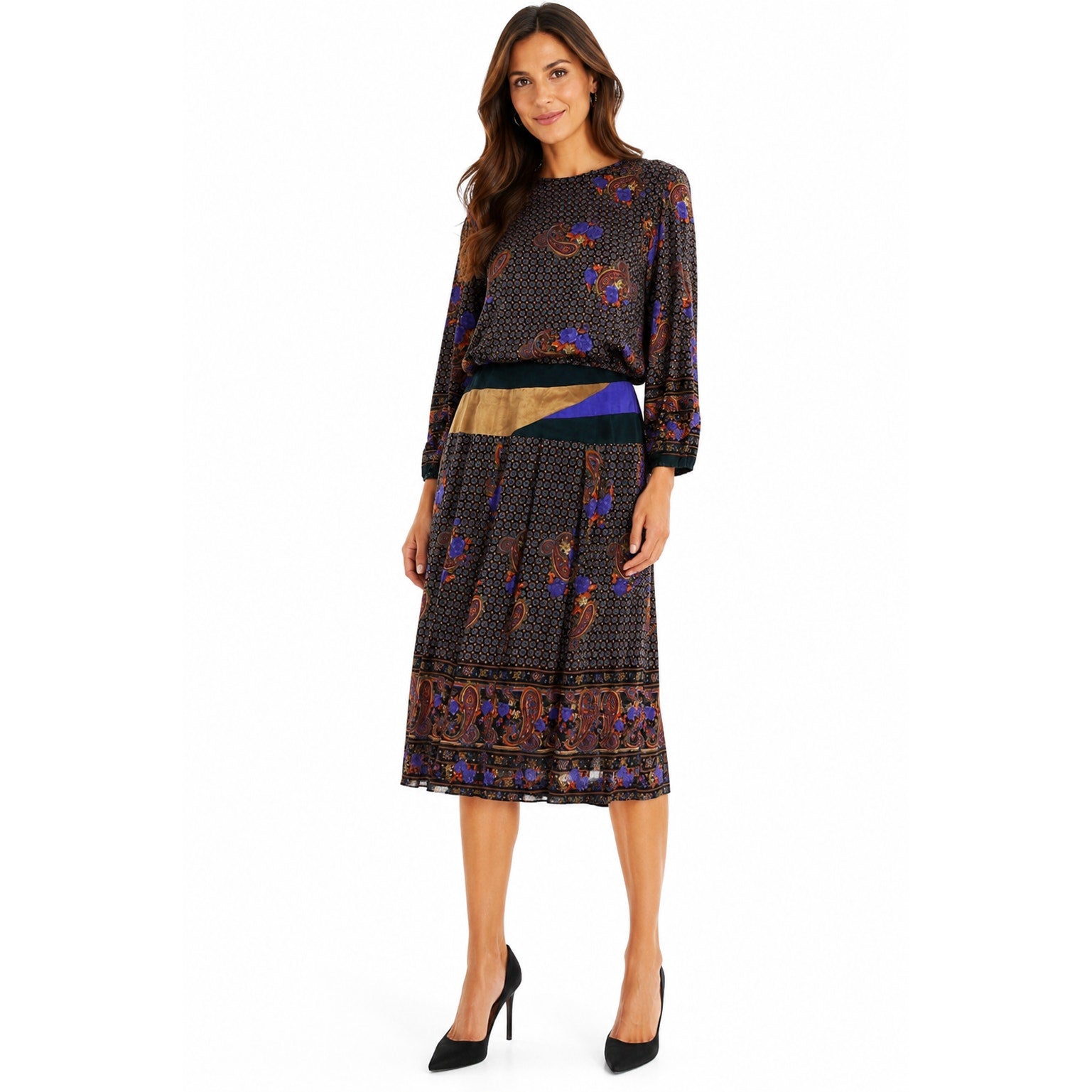 Vintage 80s Rayon Midi Dress Suede Trim Paisley Floral Boho Women's Small
