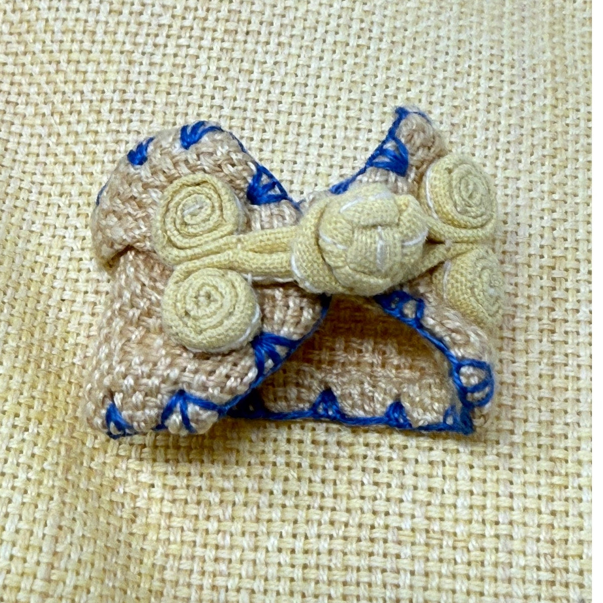 Vintage 80s Yellow Linen Napkins & Rings Set Hand Stitched Blue