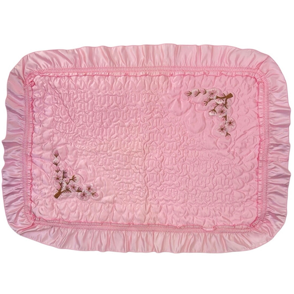 Vintage 80s Pink Satin Ruffle Pillowcase Set Embroidered Branch Korea Pair