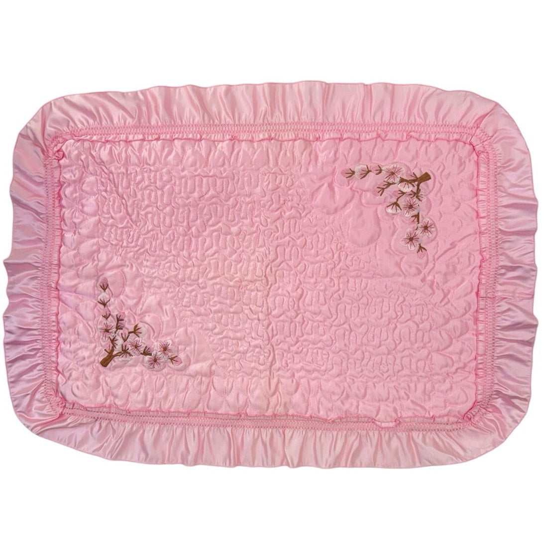 Vintage 80s Pink Satin Ruffle Pillowcase Set Embroidered Branch Korea Pair