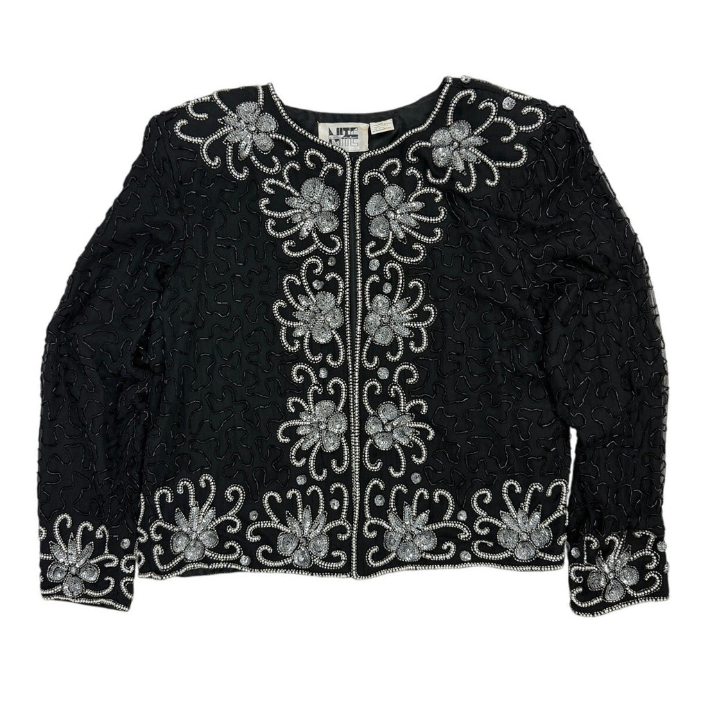 Vintage 80s Nite Line Black Silk Silver Beaded Sequin Jacket Women's Medium