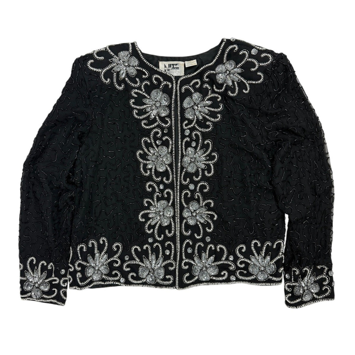 Vintage 80s Nite Line Black Silk Silver Beaded Sequin Jacket Women's Medium