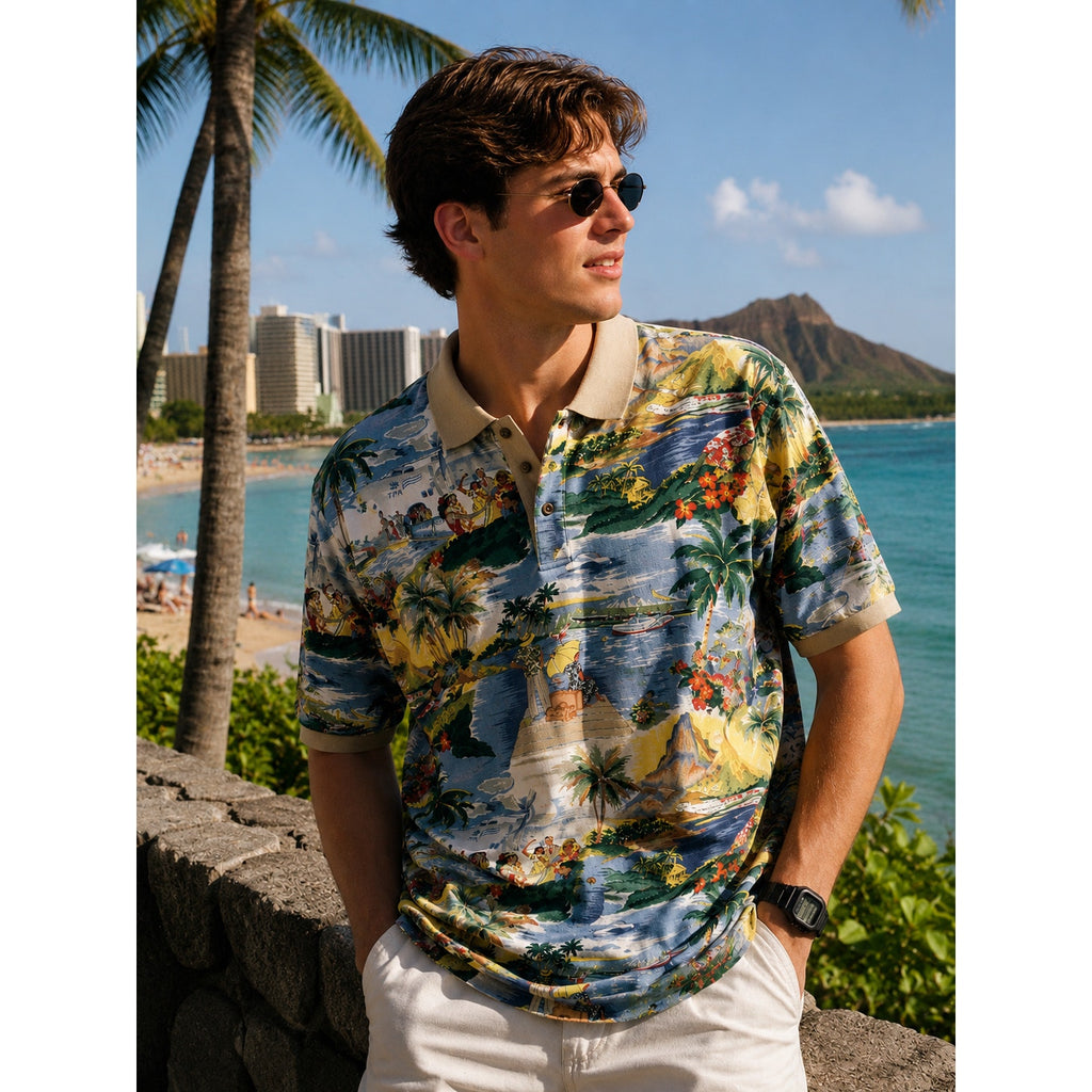 Vintage 90s Men's XL Reyn Spooner Hawaiian Polo Shirt Rayon Hula Dancer Island