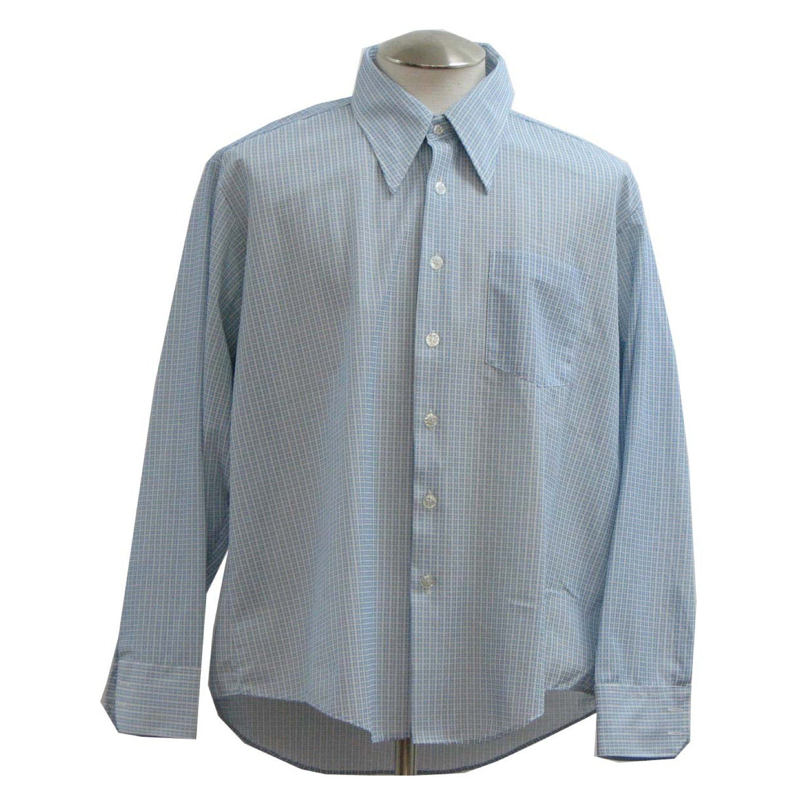 Vintage 70s Men's XL Cascade Blue Micro Check Shirt Disco Collar