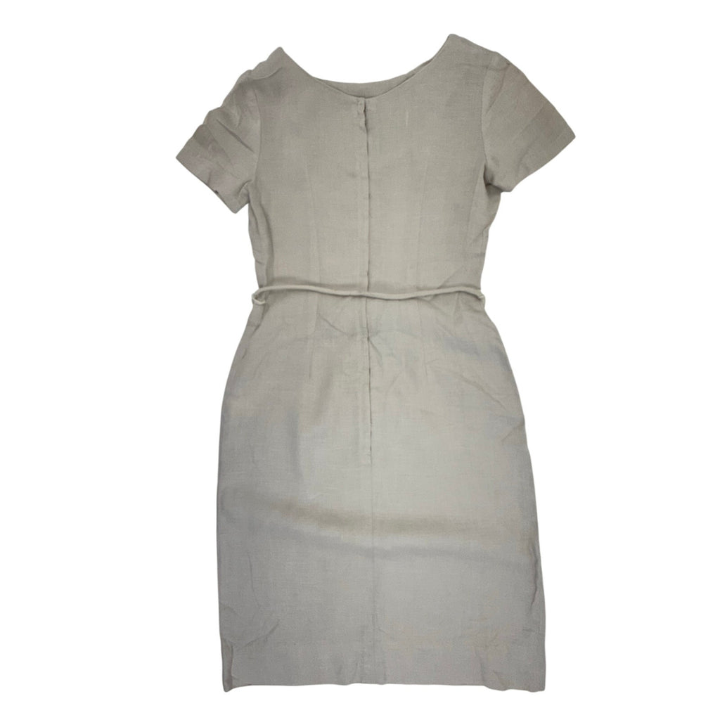 Vintage 1960s Odette Linen Blend Sheath Dress Beige Belted Women's XS