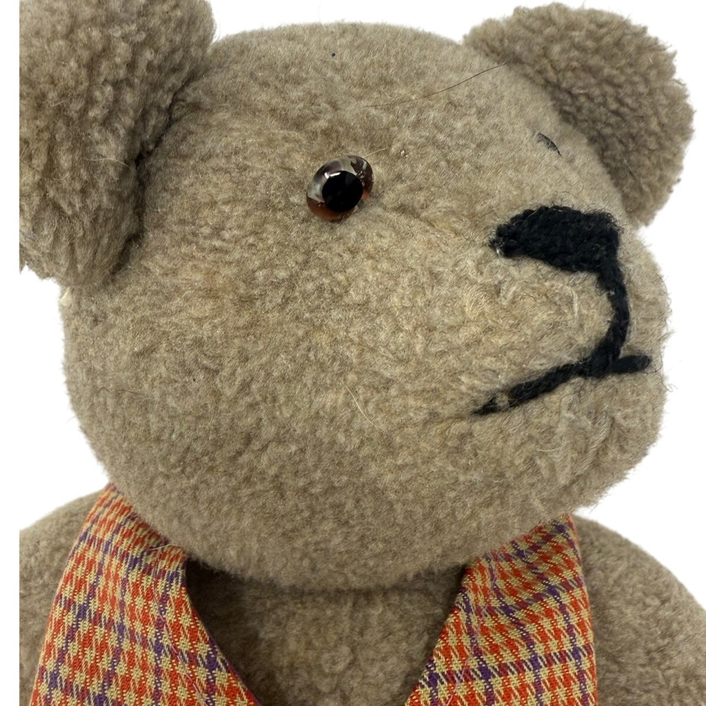 Vintage 70s Teddy Bear Plush 18” Jointed Plaid Vest Collectible Stuffed Bear