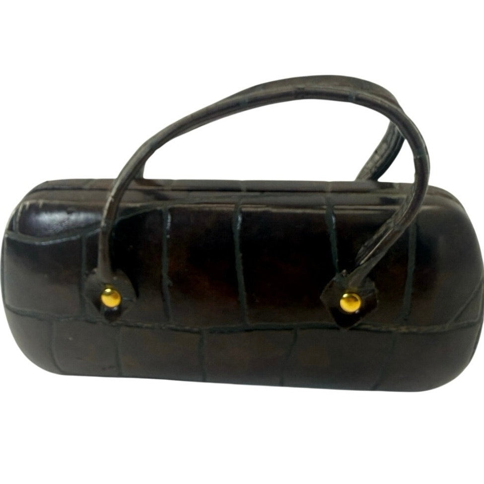 Vintage 70s Purse Style Eyeglasses Case Black Faux Croc Hard Shell w Handles