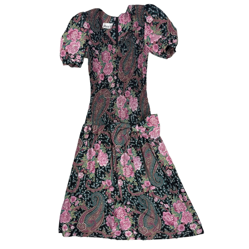 Vintage 80s ACT I New York Black Floral Drop Waist Midi Dress Women's 9/10