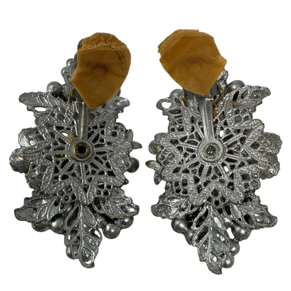 Vintage 60s Silver Tone Grape Cluster Clip On Earrings 2”