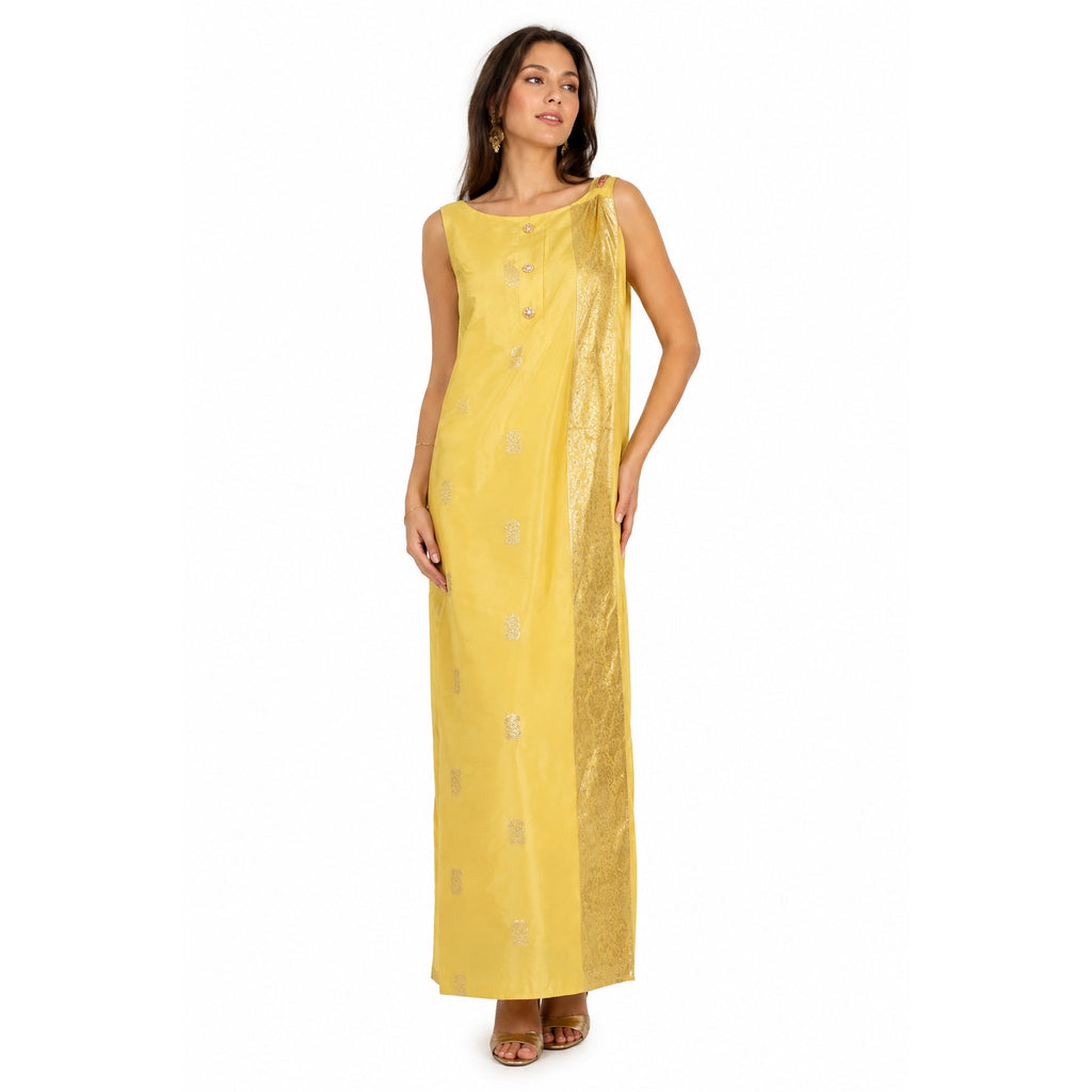 Vintage 70s Crest Room M&F Yellow Metallic Paisley Maxi Dress 34 Bust