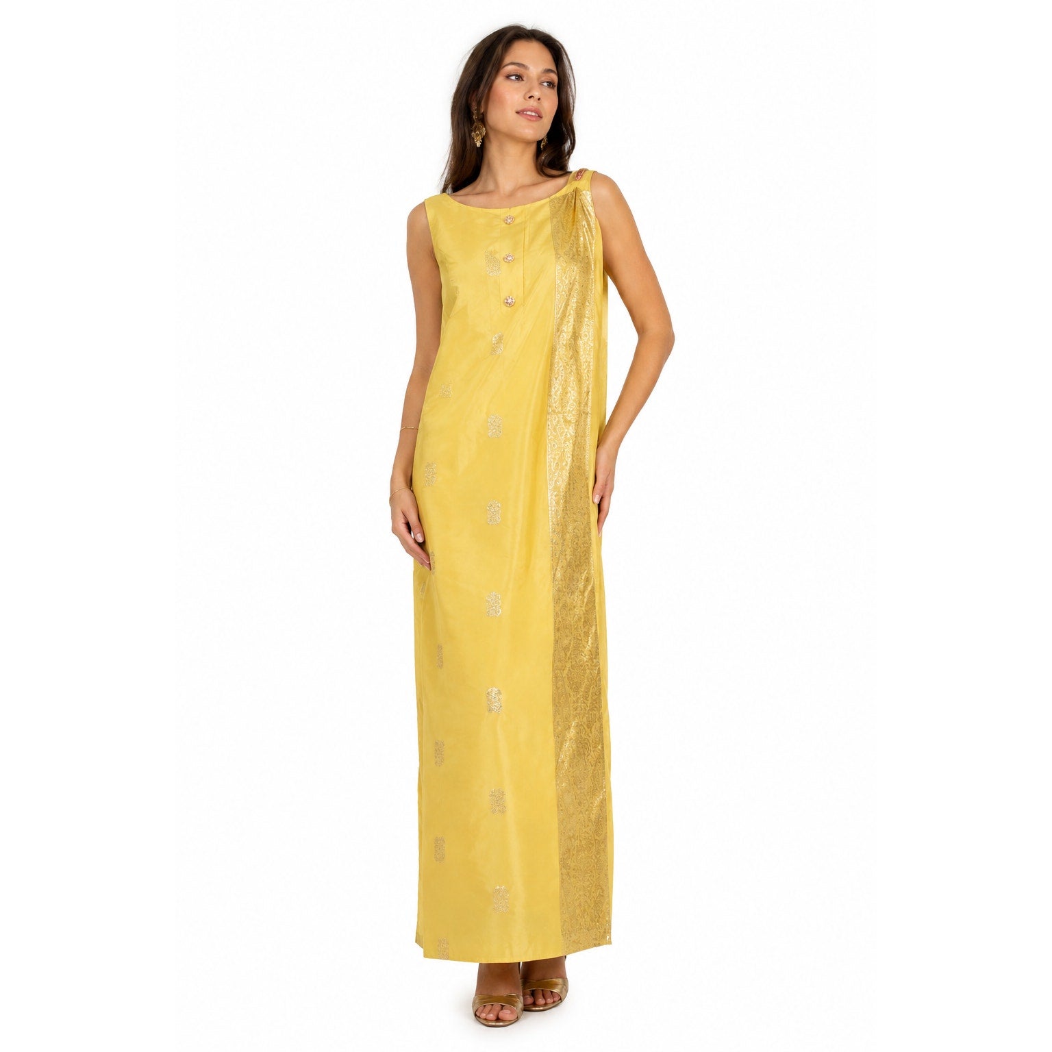 Vintage 70s Crest Room M&F Yellow Metallic Paisley Maxi Dress 34 Bust