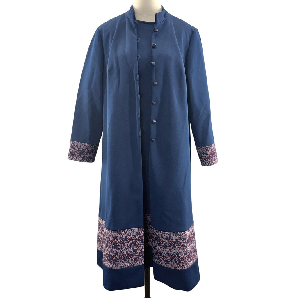Vintage 70s Navy Dress Jacket Set Mock Neck Lined Women's Large Leslie Pomer