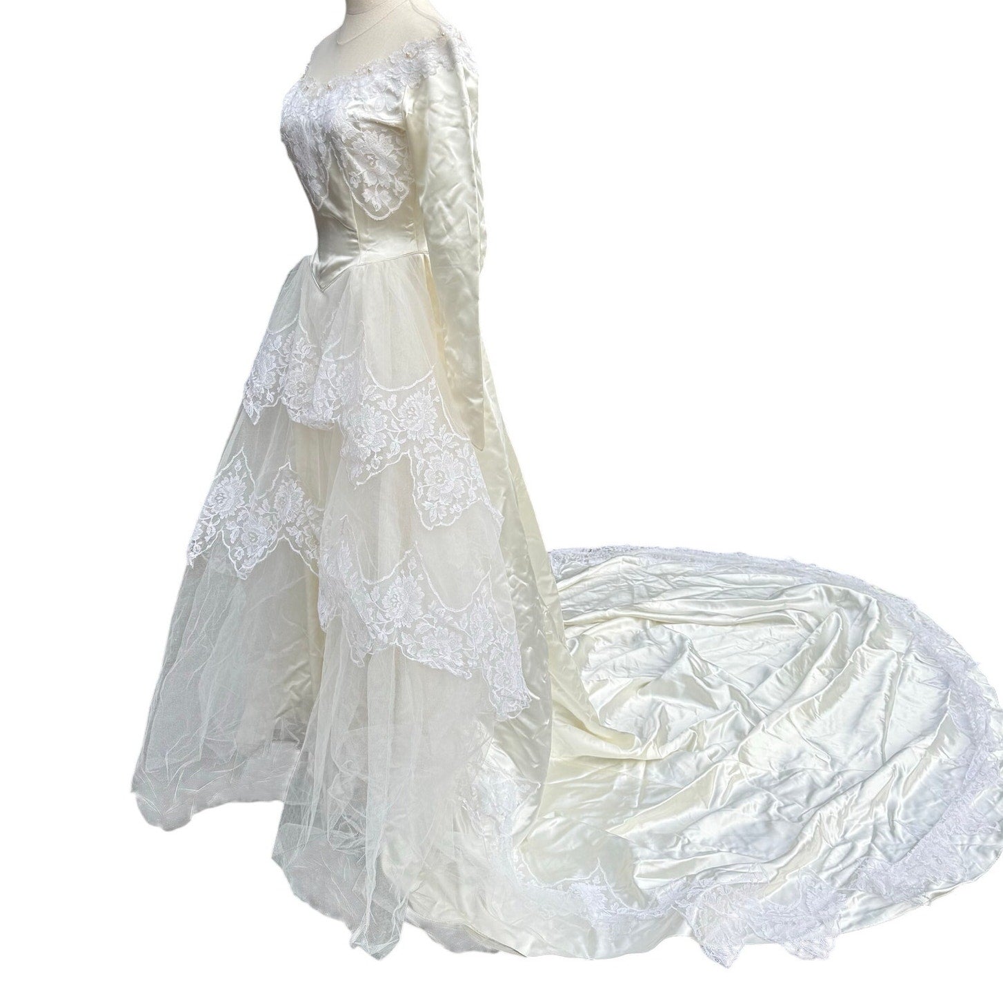 Vintage 50s Women's XS Wedding Dress Satin Lace and Chapel Train Sylvia Ann
