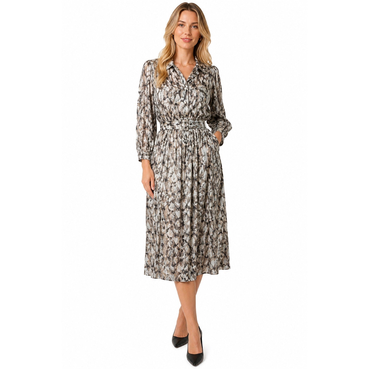 Vintage 1980s Willi of California Belted Abstract Print Midi Dress Women's 10
