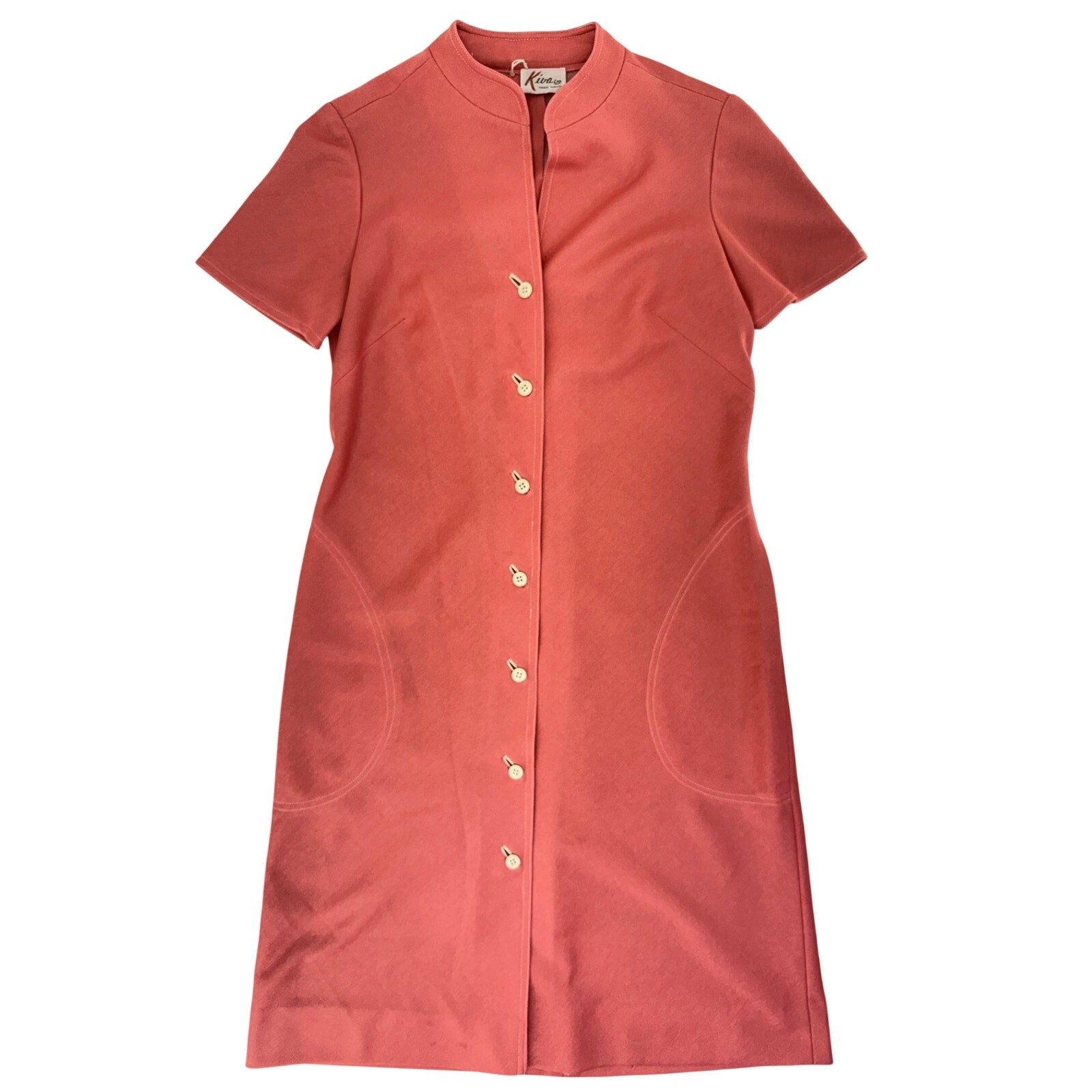 Vintage 70s Kiva Coral Knit Shirt Dress Button Front Stretch Midi 36 Bust