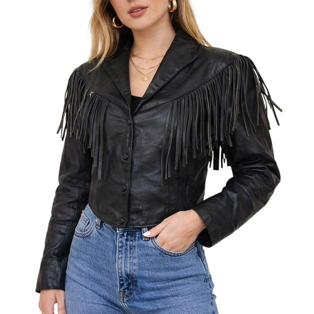 Vintage 80s Women's Medium Black Fringe Leather Jacket Western Biker