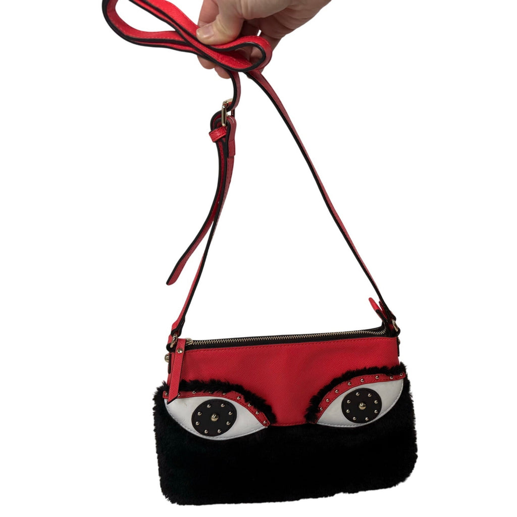 Vintage 90 Sharif Red Black Eye Appliqué Crossbody Bag Faux Fur Leather 8x11