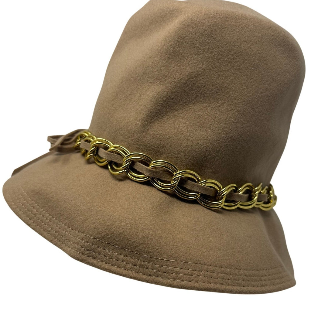 Vintage 1960s Miss Eileen Tan Wool Cloche Bucket Hat Gold Chain Trim