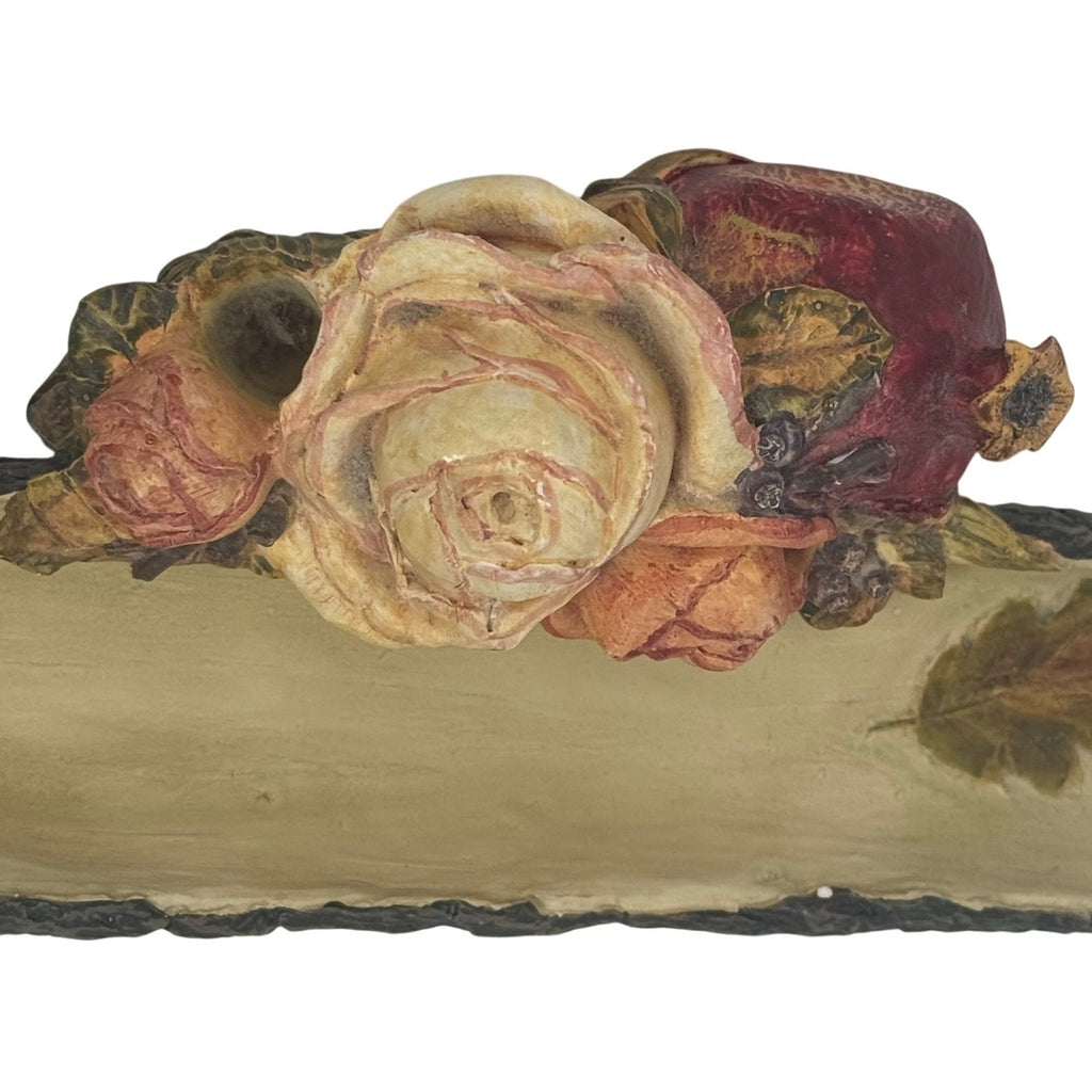 Vintage 90s Office Desk Pen Holder Resin Rustic Rose Floral Wood 8x4
