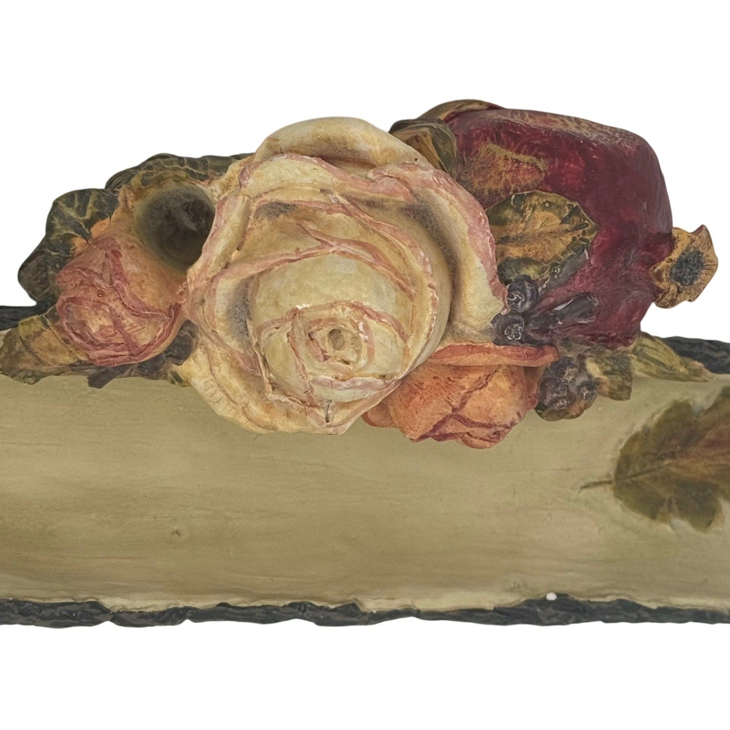 Vintage 90s Office Desk Pen Holder Resin Rustic Rose Floral Wood 8x4