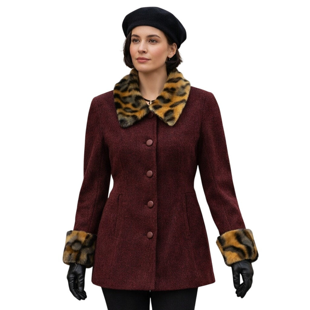 Vintage 90s Women's 36 Viola Per Donna Burgundy Wool Jacket Faux Fur Trim