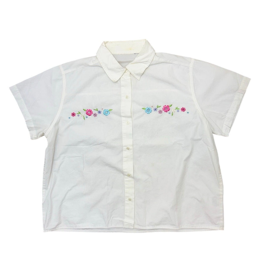 Vintage 90s White Embroidered Floral Cotton Button Front Blouse Women's M/L