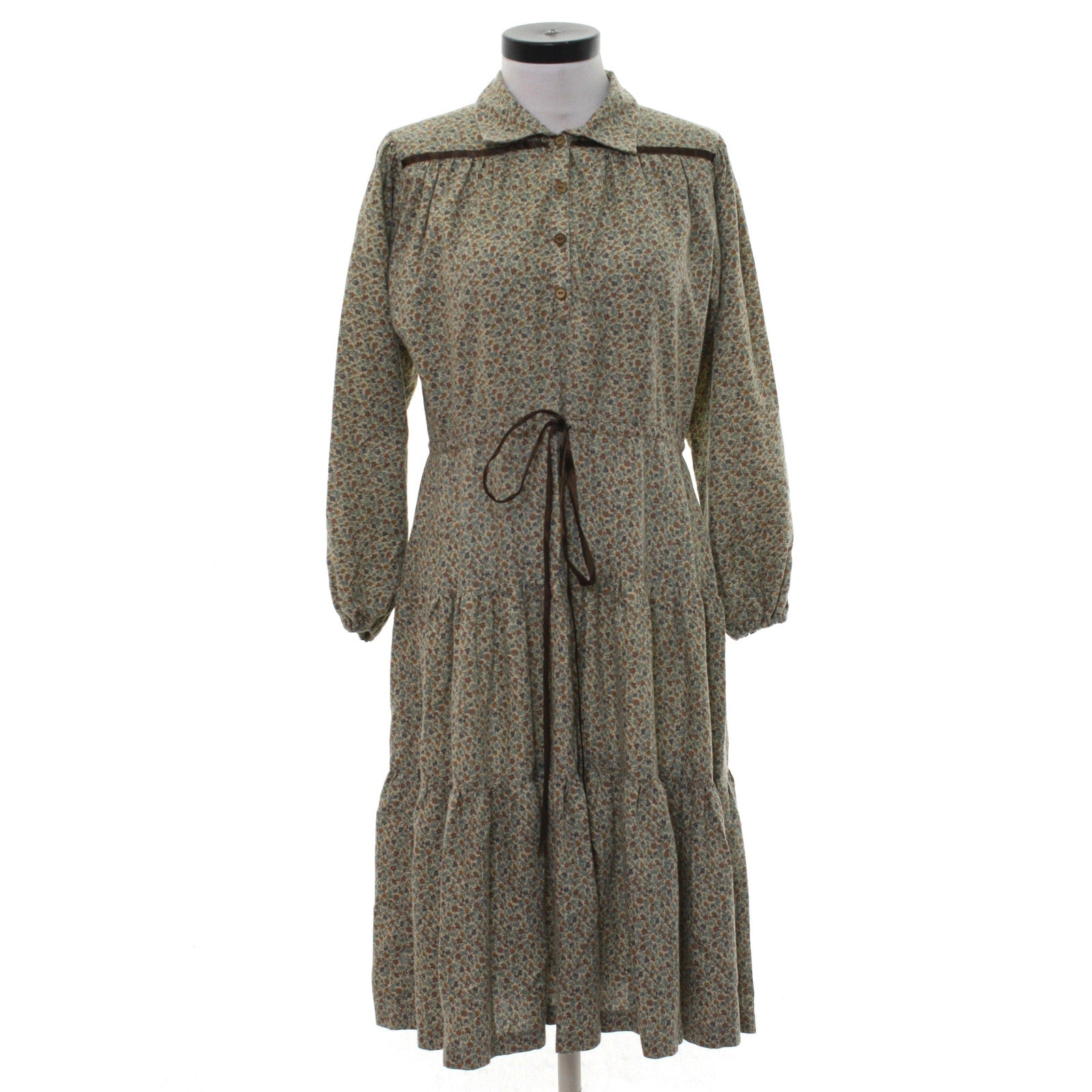 Vintage 70s Prairie Floral Cotton Midi Dress Brown Tie Waist Size Medium