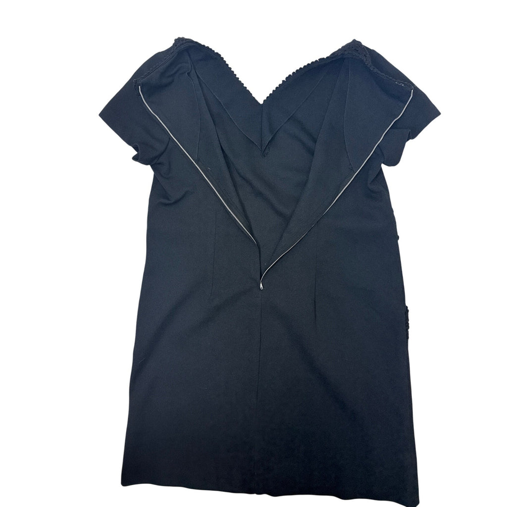 Vintage 1960s Black Shift Cocktail Dress Lace Trim Pocket Mid Length Home Sewn